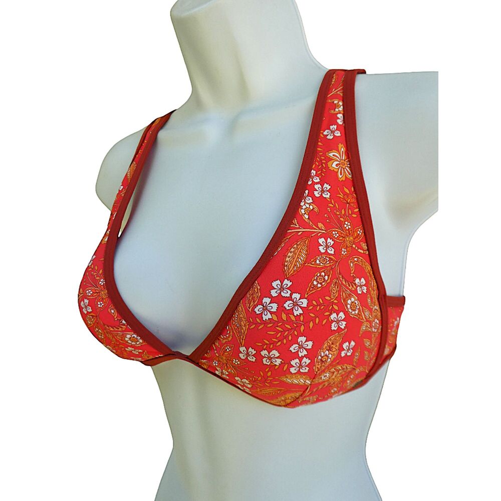 Rip Curl Red Orange Floral Triangle Bikini Swim Top Light Padded Cups Strappy S